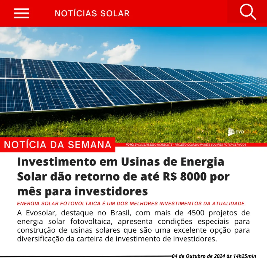 Anúncio Evosolar: usina solar como investimento